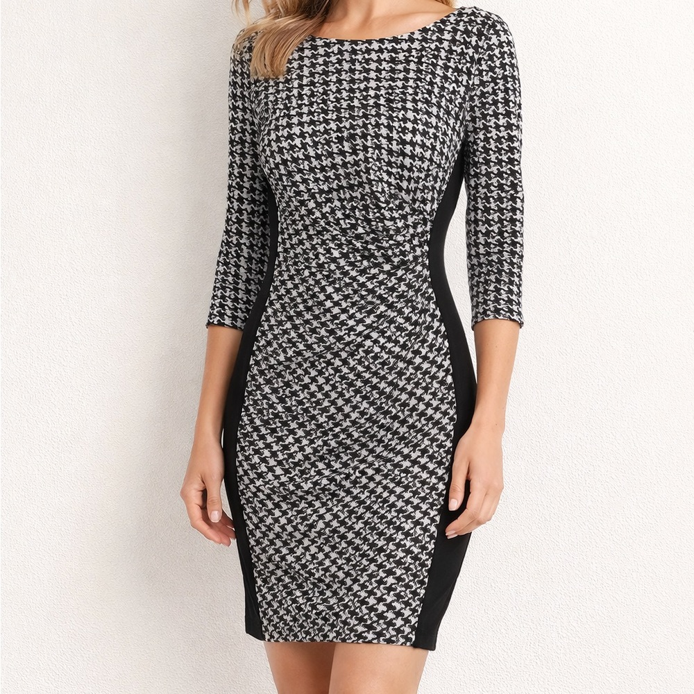 Ralph Lauren Houndstooth 3/4th Sleeve Stretchy Midi Dress 8